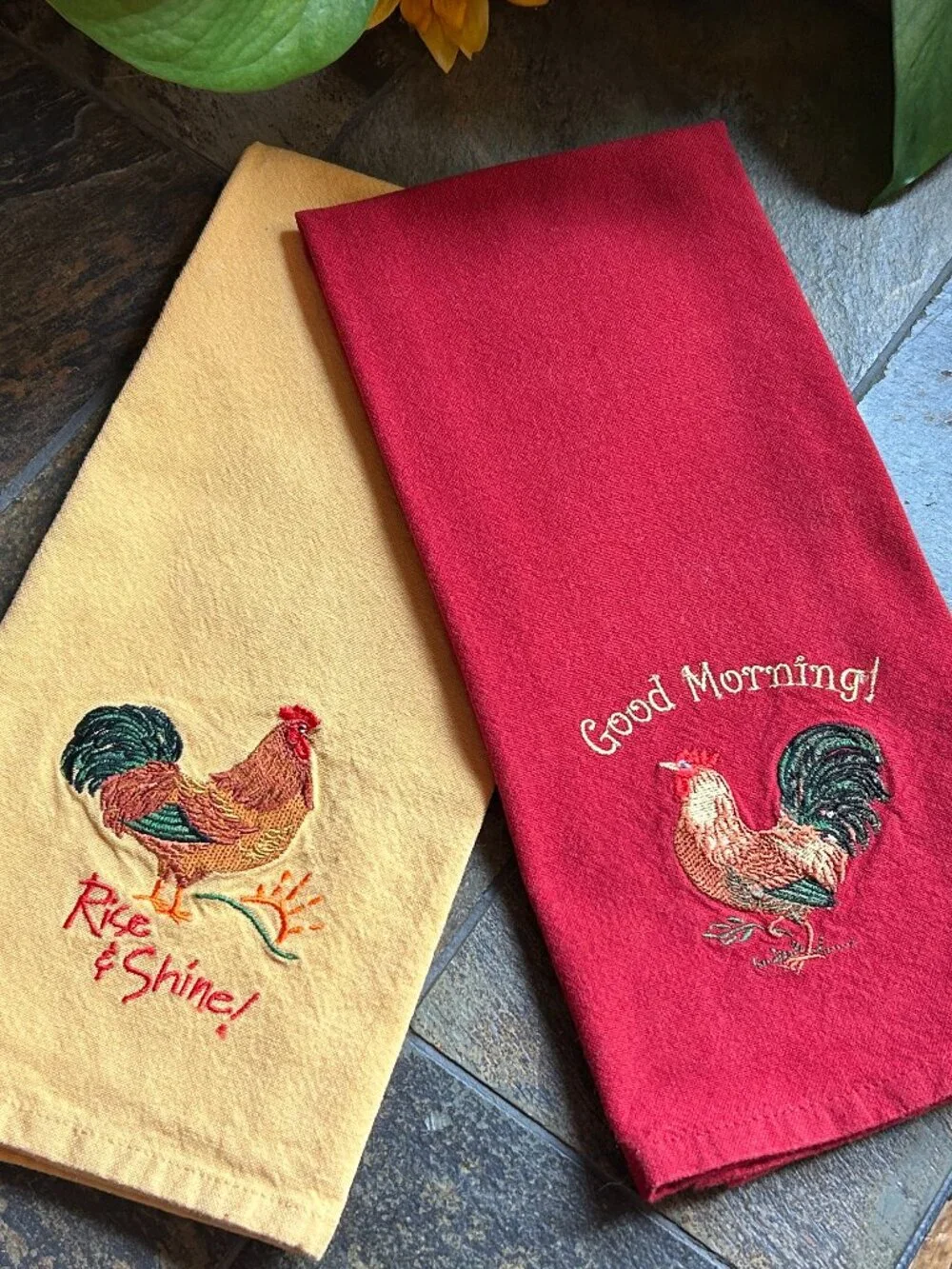 Embroidered Rooster Kitchen Tea Towels – Set of 2